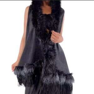 Black Faux Fur Trimmed Hooded Vest with Fringed Hem
